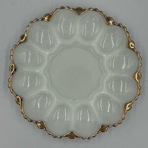 Vintage Anchor Hocking Fire King Milk Glass Deviled Egg Tray with Gold Trim